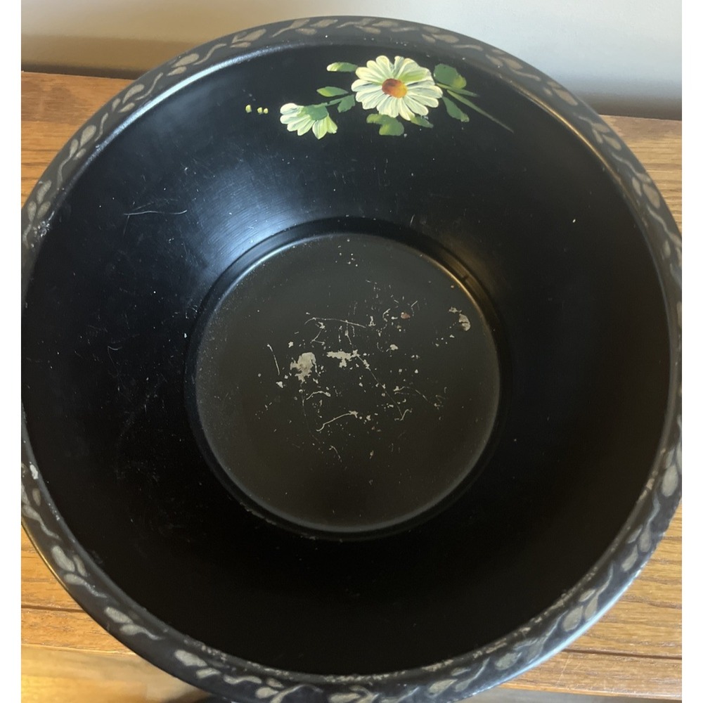 Vintage Nashco Hand Painted Tin Bowl 11 in. Black Floral READ - Picture 3 of 9